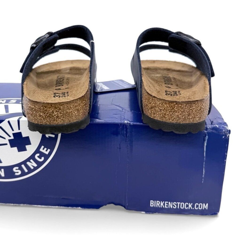 Birkenstock Arizona Navy Sandals EU 37 Two Strap Slide Slip-On Cork Footbed - Picture 10 of 12